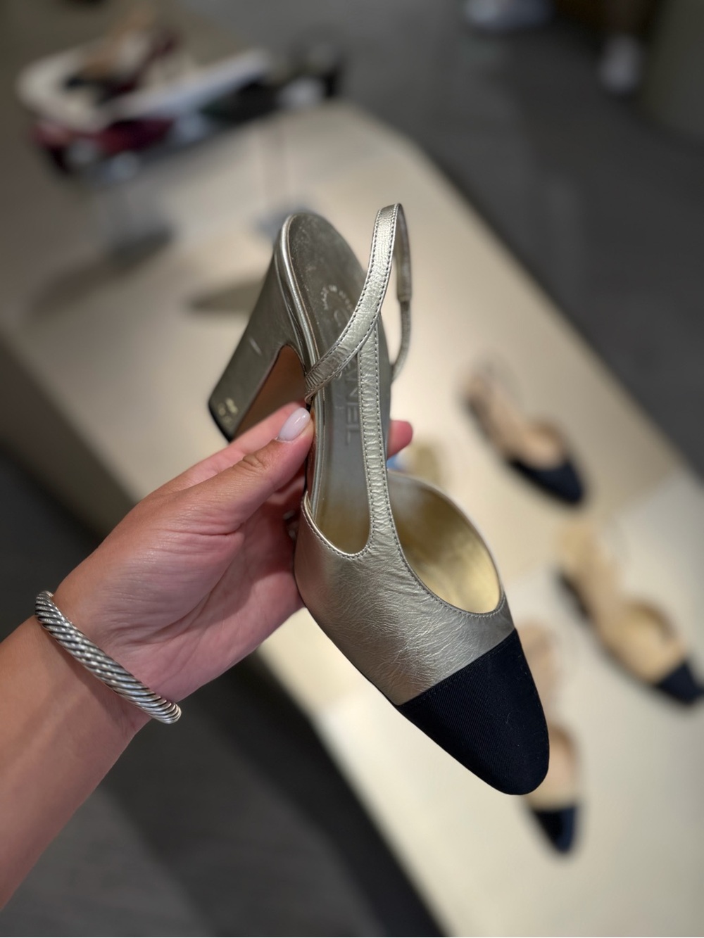 Chanel Gold foiled effect slingback pump